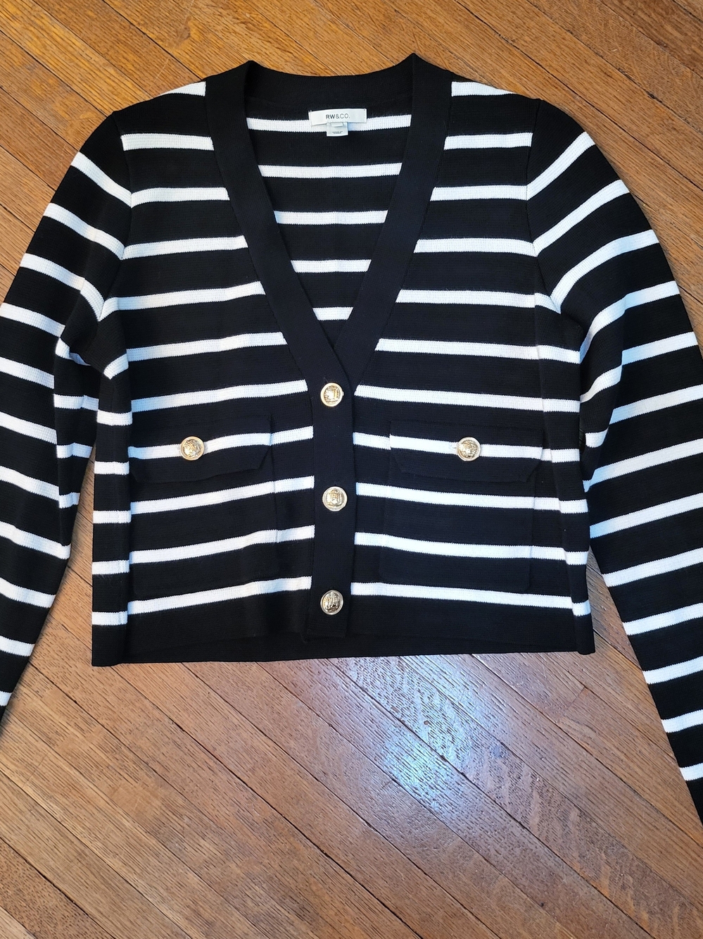 RW&CO. Black and White Striped V-Neck Cardigan with Gold Buttons